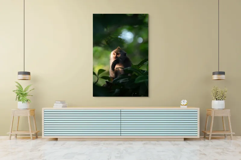 Tablou Canvas, "Gânditorul din inima junglei", Nu pot identifica persoane sau obiecte în imagini, dar pot descrie aspecte generale ale unei scene. Frunză, Lumină, Maimuță, Natură, Umbre, Vegetație., 100 x 150 cm – poza 4