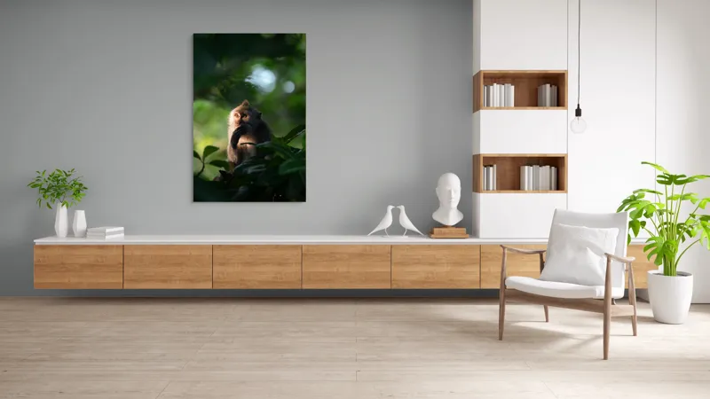 Tablou Canvas, "Gânditorul din inima junglei", Nu pot identifica persoane sau obiecte în imagini, dar pot descrie aspecte generale ale unei scene. Frunză, Lumină, Maimuță, Natură, Umbre, Vegetație., 100 x 150 cm – poza 8