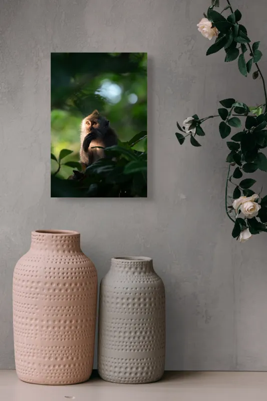 Tablou Canvas, "Gânditorul din inima junglei", Nu pot identifica persoane sau obiecte în imagini, dar pot descrie aspecte generale ale unei scene. Frunză, Lumină, Maimuță, Natură, Umbre, Vegetație., 26 x 39 cm – poza 6