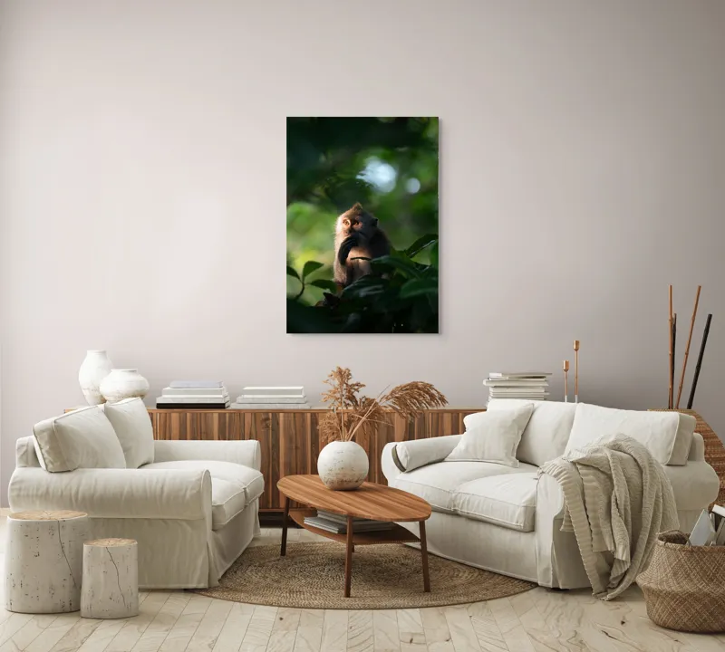Tablou Canvas, "Gânditorul din inima junglei", Nu pot identifica persoane sau obiecte în imagini, dar pot descrie aspecte generale ale unei scene. Frunză, Lumină, Maimuță, Natură, Umbre, Vegetație., 70 x 100 cm – poza 4