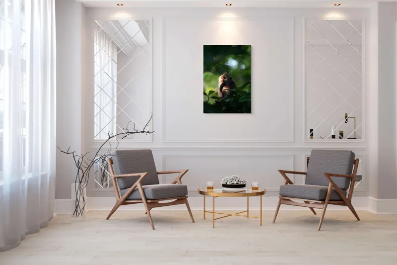 Tablou Canvas, "Gânditorul din inima junglei", Nu pot identifica persoane sau obiecte în imagini, dar pot descrie aspecte generale ale unei scene. Frunză, Lumină, Maimuță, Natură, Umbre, Vegetație., 70 x 100 cm – poza 8
