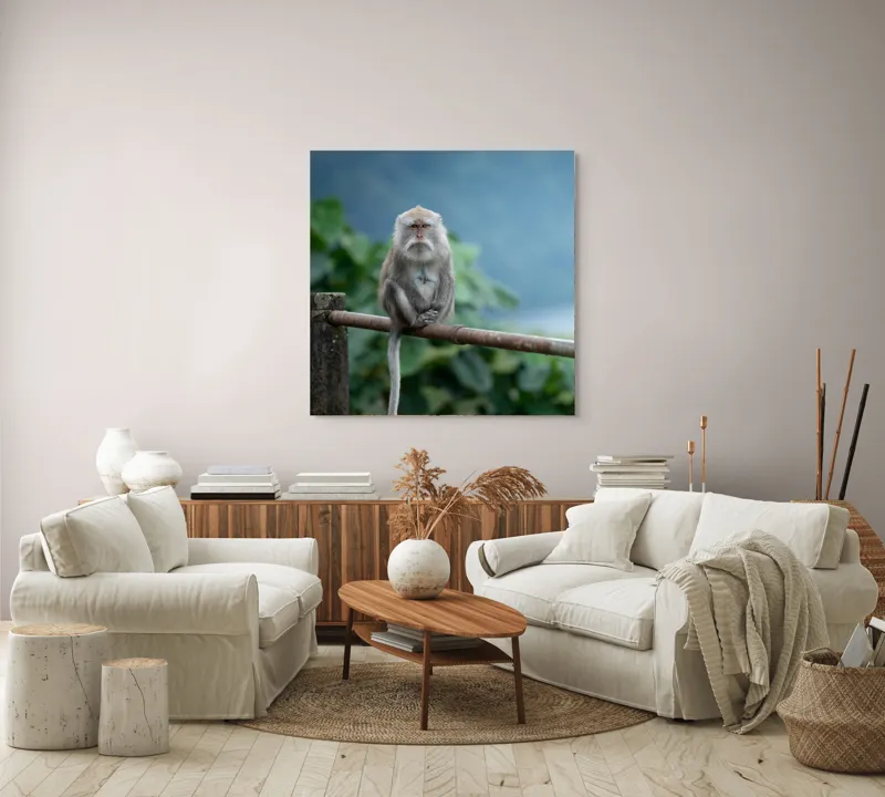 Tablou Canvas, "Maimuța contemplând natura în ploaie", Bode, Seriozitate, Junglă, Coadă, Blană, Maimuță, Natură, Meditație, 100 x 100 cm – poza 3