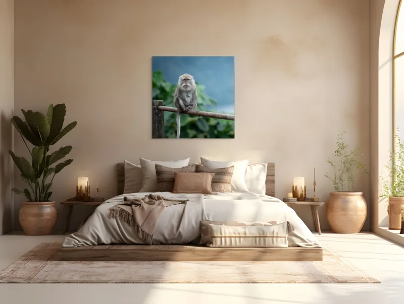 Tablou Canvas, "Maimuța contemplând natura în ploaie", Bode, Seriozitate, Junglă, Coadă, Blană, Maimuță, Natură, Meditație, 100 x 100 cm – poza 4
