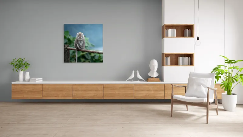 Tablou Canvas, "Maimuța contemplând natura în ploaie", Bode, Seriozitate, Junglă, Coadă, Blană, Maimuță, Natură, Meditație, 100 x 100 cm – poza 8