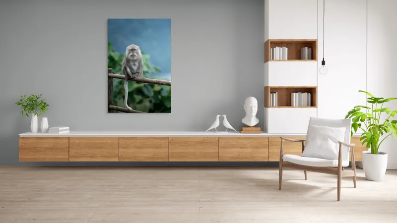 Tablou Canvas, "Maimuța contemplând natura în ploaie", Bode, Seriozitate, Junglă, Coadă, Blană, Maimuță, Natură, Meditație, 100 x 150 cm – poza 8