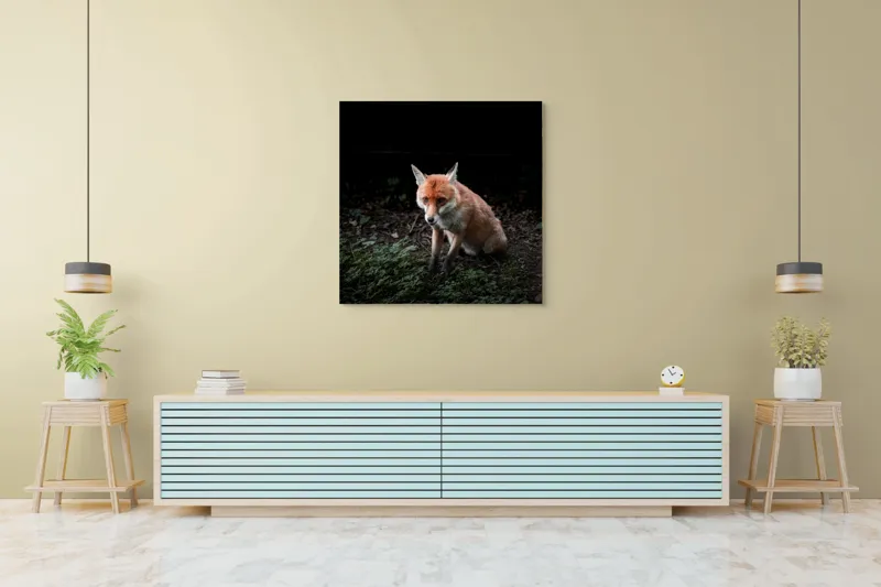 Tablou Canvas, "Vulpea în umbra pădurii verzi", Fox, Forest, Dark, Alert, Greenery, 100 x 100 cm – poza 5