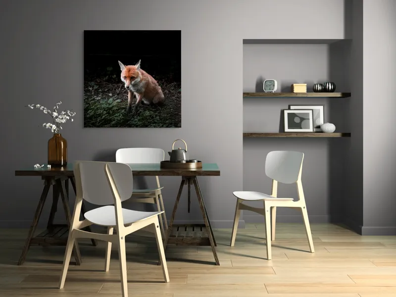 Tablou Canvas, "Vulpea în umbra pădurii verzi", Fox, Forest, Dark, Alert, Greenery, 100 x 100 cm – poza 6