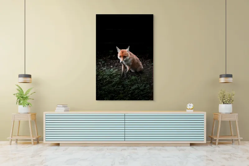 Tablou Canvas, "Vulpea în umbra pădurii verzi", Fox, Forest, Dark, Alert, Greenery, 100 x 150 cm – poza 4