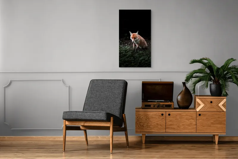 Tablou Canvas, "Vulpea în umbra pădurii verzi", Fox, Forest, Dark, Alert, Greenery, 50 x 90 cm – poza 8