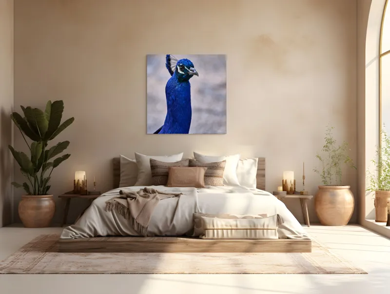 Tablou Canvas, "Strălucirea regală a păunului albastru", Pene, Albastru, Elegant, Penaj, Grațios, Regal, Strălucitor, Majestic., 100 x 100 cm – poza 4