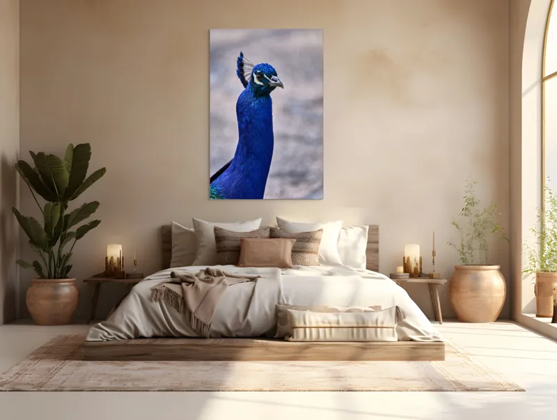 Tablou Canvas, "Strălucirea regală a păunului albastru", Pene, Albastru, Elegant, Penaj, Grațios, Regal, Strălucitor, Majestic., 100 x 150 cm – poza 3