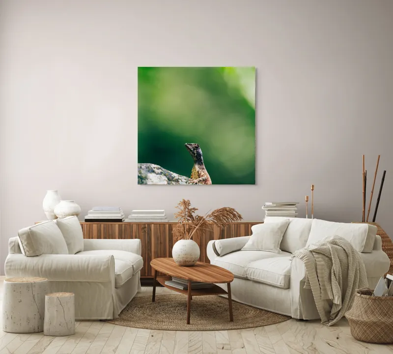 Tablou Canvas, "Șopârla solitară pe piatra bătrână", Natură, Lizard, Piatră, Verde, Camuflaj, Tranquilitate, Frunze, Bokeh, 100 x 100 cm – poza 3