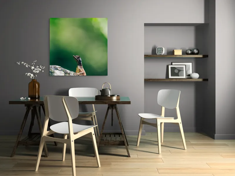 Tablou Canvas, "Șopârla solitară pe piatra bătrână", Natură, Lizard, Piatră, Verde, Camuflaj, Tranquilitate, Frunze, Bokeh, 100 x 100 cm – poza 6