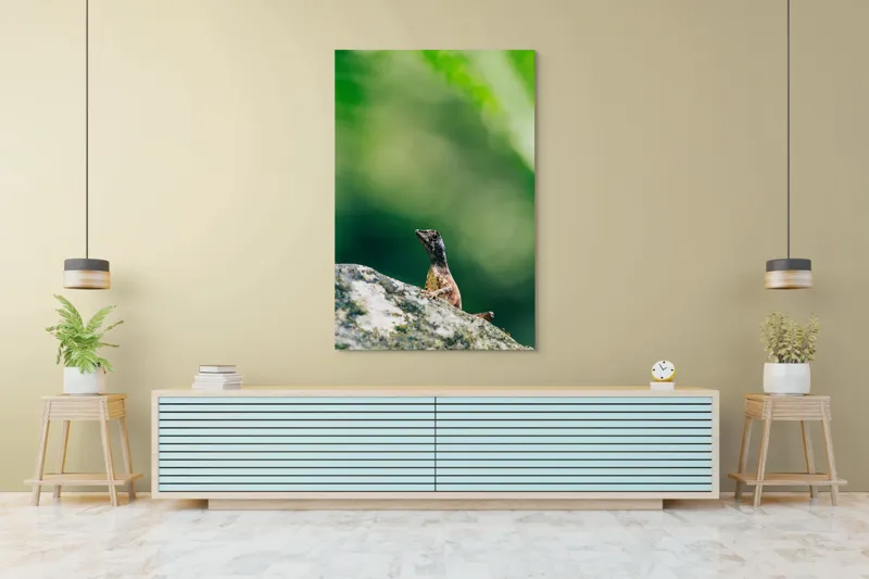 Tablou Canvas, "Șopârla solitară pe piatra bătrână", Natură, Lizard, Piatră, Verde, Camuflaj, Tranquilitate, Frunze, Bokeh, 100 x 150 cm – poza 4