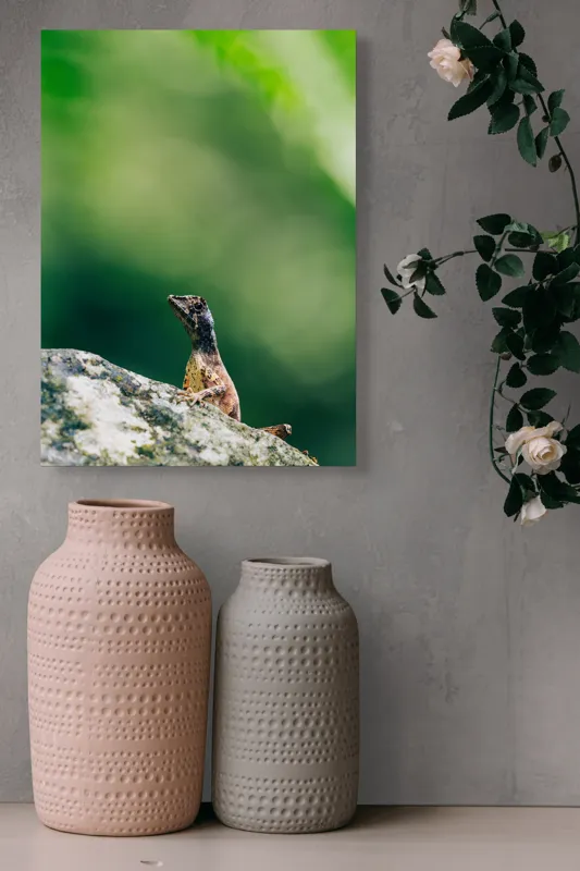 Tablou Canvas, "Șopârla solitară pe piatra bătrână", Natură, Lizard, Piatră, Verde, Camuflaj, Tranquilitate, Frunze, Bokeh, 39 x 54 cm – poza 6