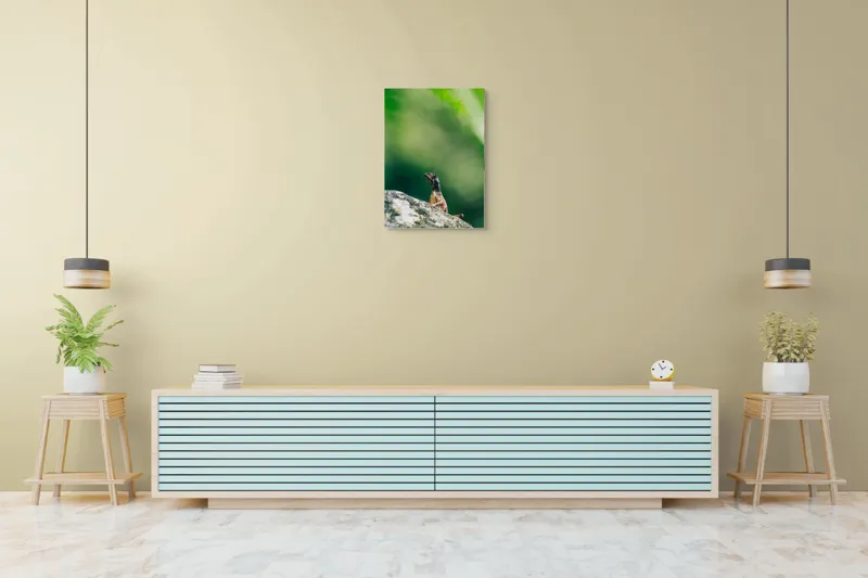 Tablou Canvas, "Șopârla solitară pe piatra bătrână", Natură, Lizard, Piatră, Verde, Camuflaj, Tranquilitate, Frunze, Bokeh, 50 x 70 cm – poza 6