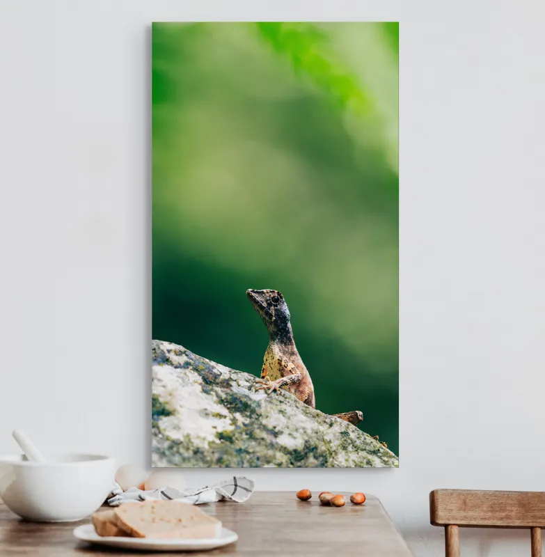 Tablou Canvas, "Șopârla solitară pe piatra bătrână", Natură, Lizard, Piatră, Verde, Camuflaj, Tranquilitate, Frunze, Bokeh, 50 x 90 cm – poza 3