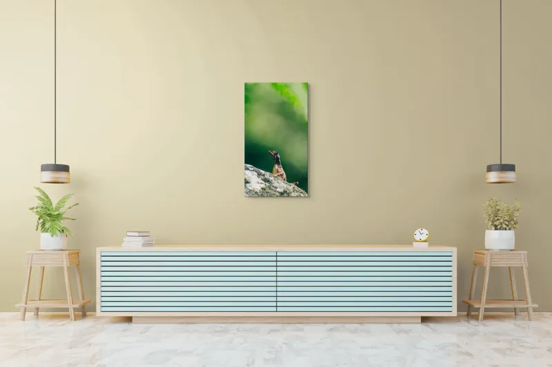 Tablou Canvas, "Șopârla solitară pe piatra bătrână", Natură, Lizard, Piatră, Verde, Camuflaj, Tranquilitate, Frunze, Bokeh, 50 x 90 cm – poza 6