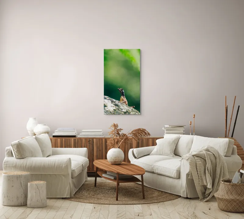 Tablou Canvas, "Șopârla solitară pe piatra bătrână", Natură, Lizard, Piatră, Verde, Camuflaj, Tranquilitate, Frunze, Bokeh, 50 x 90 cm – poza 7