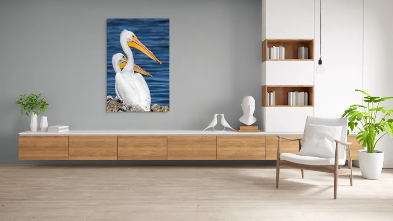 Tablou Canvas, "Pelicani albi pe malul apei", Pelicani, Apă, Penaj, Ciocuri, Cuplu, Natură, Serenitate, Reflexii, 100 x 150 cm – poza 8