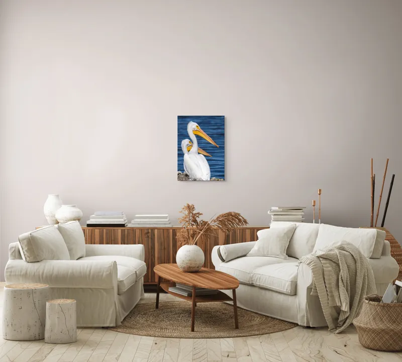 Tablou Canvas, "Pelicani albi pe malul apei", Pelicani, Apă, Penaj, Ciocuri, Cuplu, Natură, Serenitate, Reflexii, 39 x 54 cm – poza 5