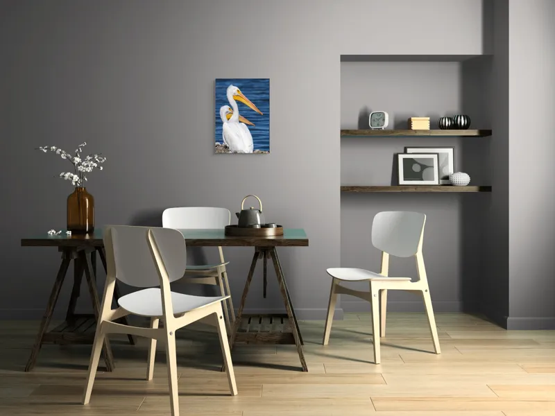 Tablou Canvas, "Pelicani albi pe malul apei", Pelicani, Apă, Penaj, Ciocuri, Cuplu, Natură, Serenitate, Reflexii, 39 x 54 cm – poza 7