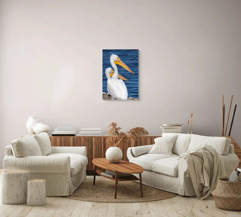 Tablou Canvas, "Pelicani albi pe malul apei", Pelicani, Apă, Penaj, Ciocuri, Cuplu, Natură, Serenitate, Reflexii, 50 x 70 cm – poza 4