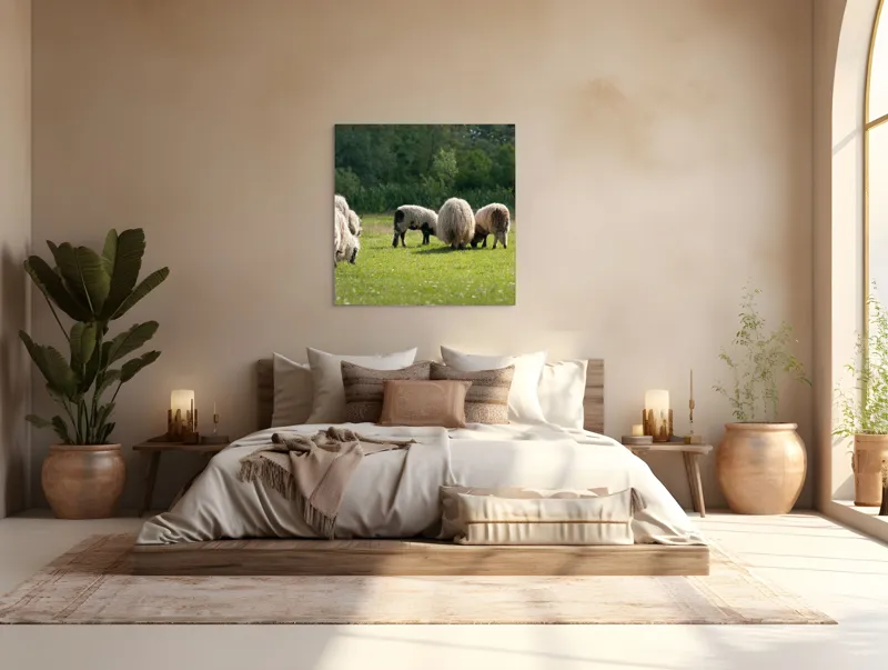 Tablou Canvas, "Oile pe câmp la păscut", Oaie, Turmă, Pășune, Verdeață, Lână, Natură, Peisaj, Pădure, Câmpie, Animale., 100 x 100 cm – poza 4