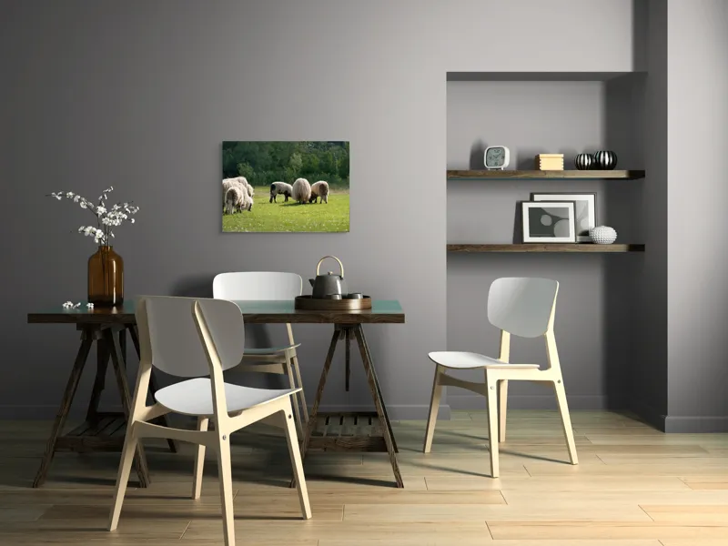 Tablou Canvas, "Oile pe câmp la păscut", Oaie, Turmă, Pășune, Verdeață, Lână, Natură, Peisaj, Pădure, Câmpie, Animale., 70 x 50 cm – poza 5