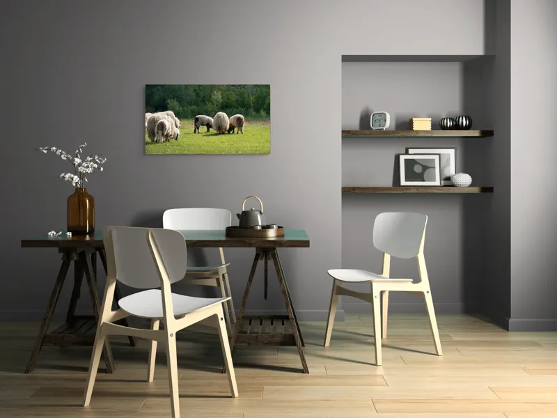 Tablou Canvas, "Oile pe câmp la păscut", Oaie, Turmă, Pășune, Verdeață, Lână, Natură, Peisaj, Pădure, Câmpie, Animale., 90 x 50 cm – poza 3