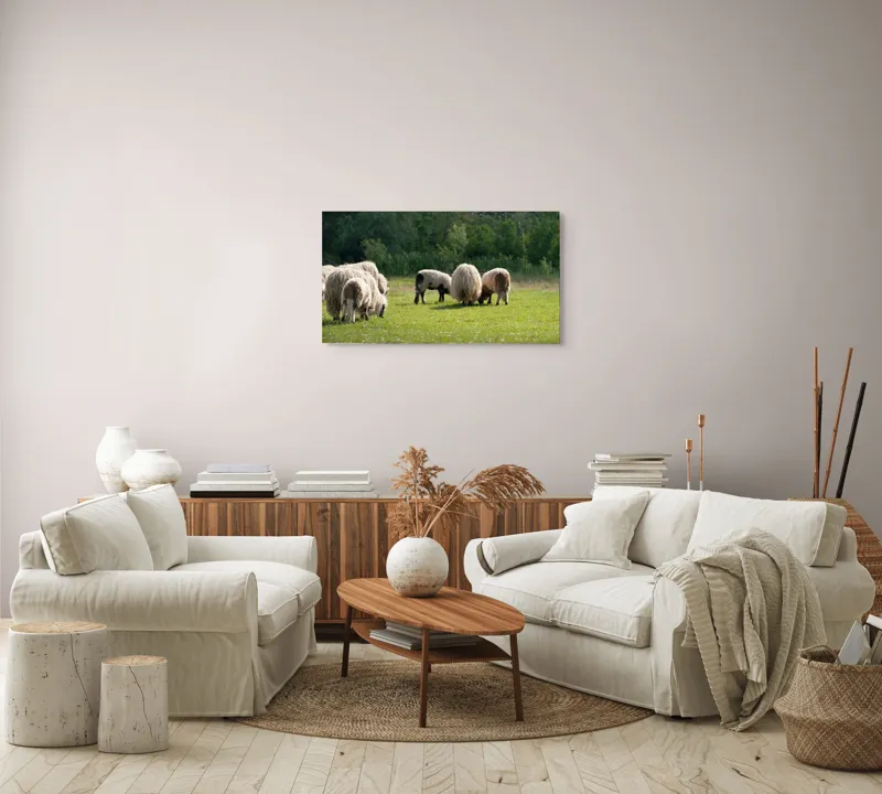 Tablou Canvas, "Oile pe câmp la păscut", Oaie, Turmă, Pășune, Verdeață, Lână, Natură, Peisaj, Pădure, Câmpie, Animale., 90 x 50 cm – poza 4