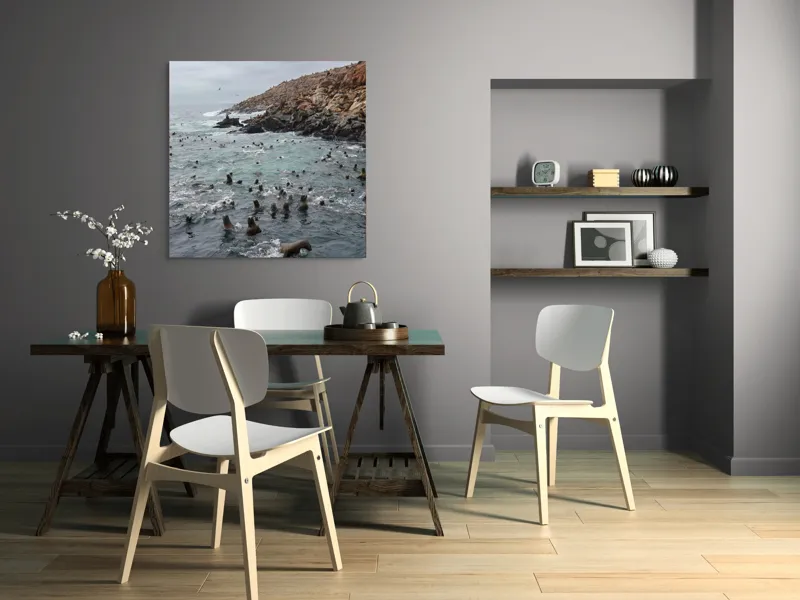 Tablou Canvas, "Colonie de foci la malul stâncos", Lei, Mare, Stânci, Apă, Cer, Păsări, Colonii, Viețuitoare, Natură, Ocean, Vânt, Ecosistem, Insulă, Mediu, Sălbatic, 100 x 100 cm – poza 6