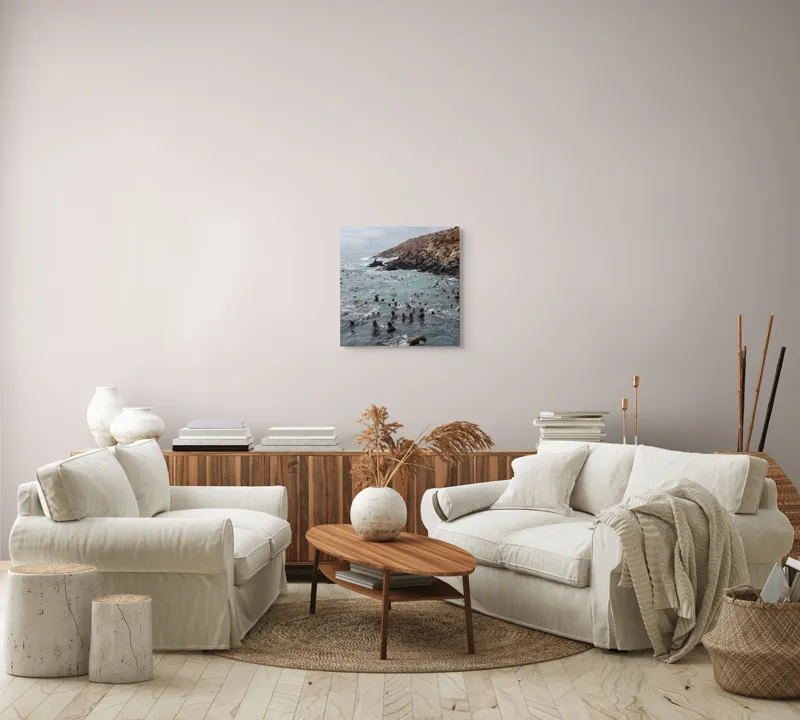 Tablou Canvas, "Colonie de foci la malul stâncos", Lei, Mare, Stânci, Apă, Cer, Păsări, Colonii, Viețuitoare, Natură, Ocean, Vânt, Ecosistem, Insulă, Mediu, Sălbatic, 50 x 50 cm – poza 7