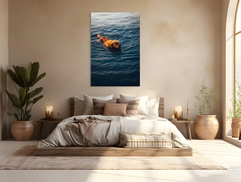 Tablou Canvas, "Câinele înotător în luciul apei", Câine, Apă, Înot, Blană, Auriu, 100 x 150 cm – poza 3