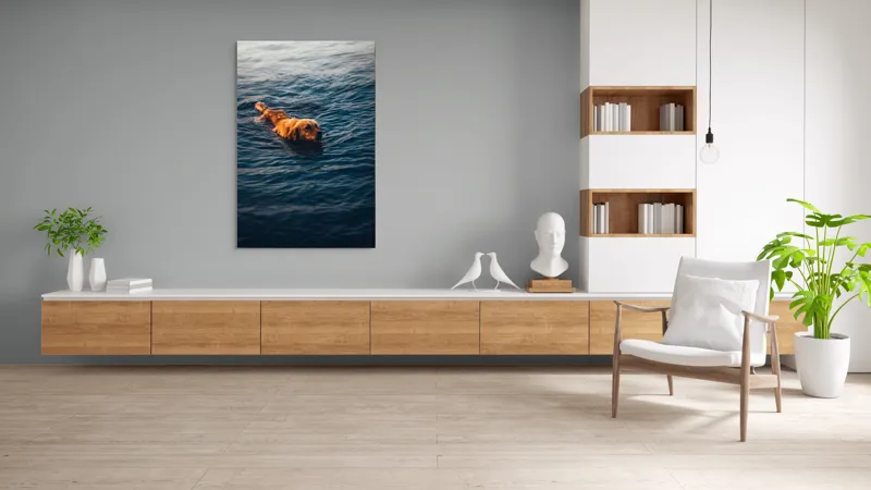 Tablou Canvas, "Câinele înotător în luciul apei", Câine, Apă, Înot, Blană, Auriu, 100 x 150 cm – poza 8