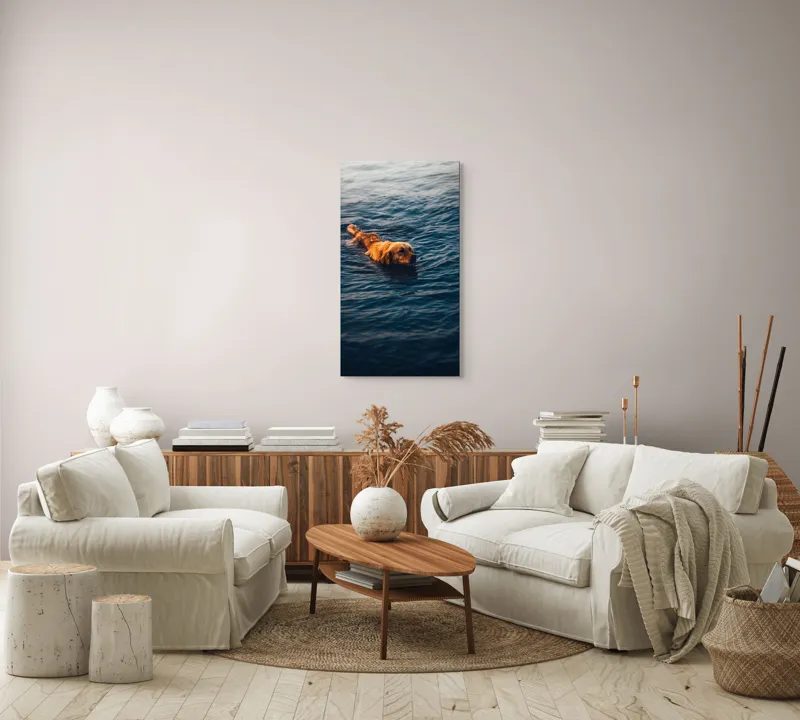 Tablou Canvas, "Câinele înotător în luciul apei", Câine, Apă, Înot, Blană, Auriu, 50 x 90 cm – poza 7