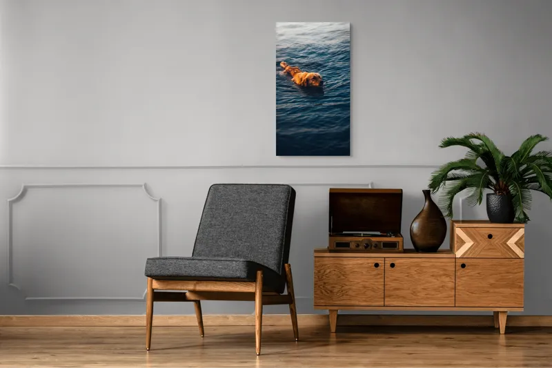 Tablou Canvas, "Câinele înotător în luciul apei", Câine, Apă, Înot, Blană, Auriu, 50 x 90 cm – poza 8