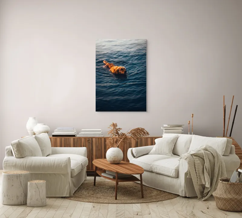 Tablou Canvas, "Câinele înotător în luciul apei", Câine, Apă, Înot, Blană, Auriu, 70 x 100 cm – poza 4
