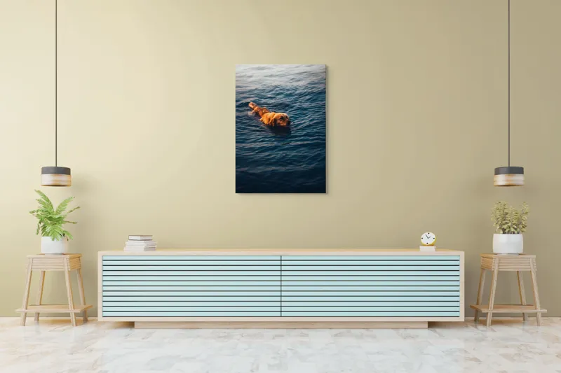 Tablou Canvas, "Câinele înotător în luciul apei", Câine, Apă, Înot, Blană, Auriu, 70 x 100 cm – poza 5