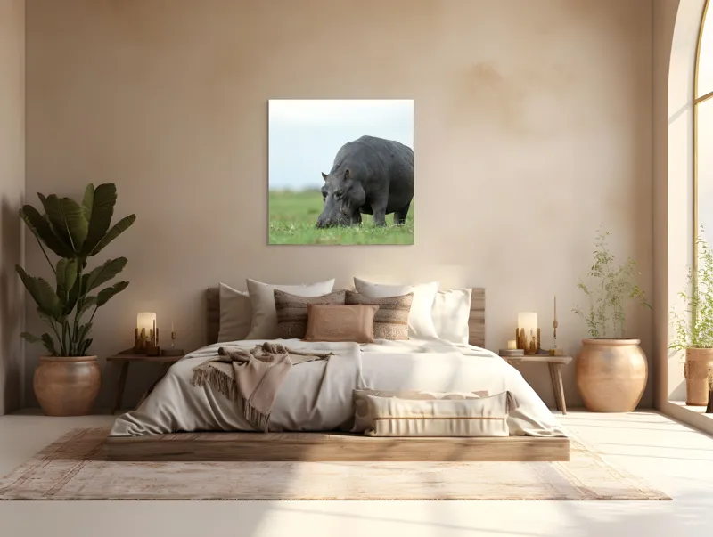 Tablou Canvas, "Hipopotam și egretă pe câmpie verde", Hipopotam, Pasăre, Iarbă, Câmpie, Cer, Peisaj, Natură, 100 x 100 cm – poza 4