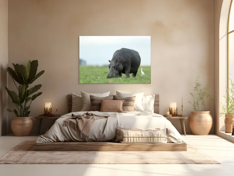 Tablou Canvas, "Hipopotam și egretă pe câmpie verde", Hipopotam, Pasăre, Iarbă, Câmpie, Cer, Peisaj, Natură, 150 x 100 cm – poza 4
