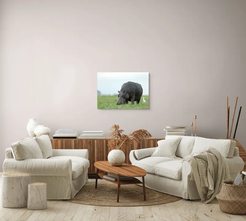 Tablou Canvas, "Hipopotam și egretă pe câmpie verde", Hipopotam, Pasăre, Iarbă, Câmpie, Cer, Peisaj, Natură, 70 x 50 cm – poza 6