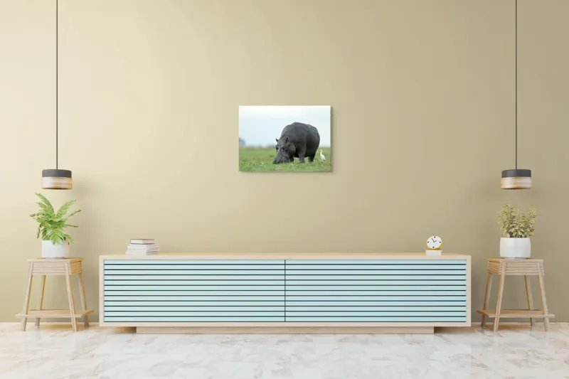 Tablou Canvas, "Hipopotam și egretă pe câmpie verde", Hipopotam, Pasăre, Iarbă, Câmpie, Cer, Peisaj, Natură, 70 x 50 cm – poza 7
