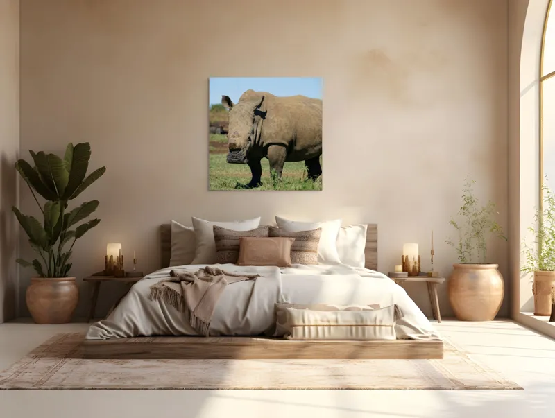 Tablou Canvas, "Rinocerul în savana africană liniștită", Nu pot identifica persoane sau animale din imagini, dar aceasta este imaginea unui rinocer., 100 x 100 cm – poza 4