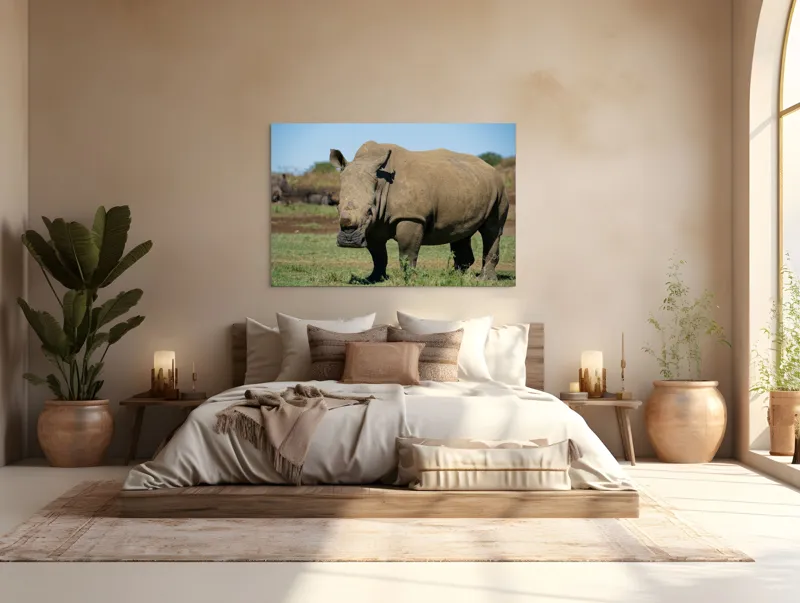 Tablou Canvas, "Rinocerul în savana africană liniștită", Nu pot identifica persoane sau animale din imagini, dar aceasta este imaginea unui rinocer., 150 x 100 cm – poza 4