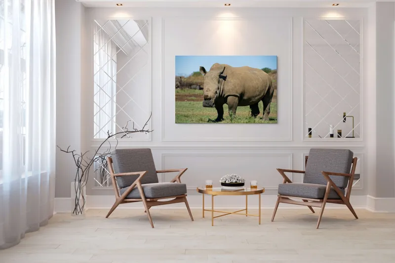 Tablou Canvas, "Rinocerul în savana africană liniștită", Nu pot identifica persoane sau animale din imagini, dar aceasta este imaginea unui rinocer., 150 x 100 cm – poza 7