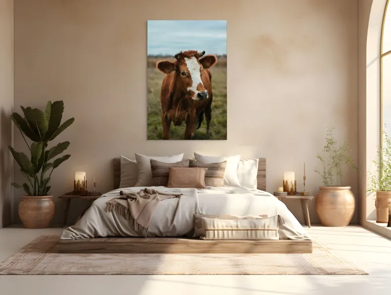 Tablou Canvas, "Vacă în pășune de toamnă", Vacă, Câmp, Cer, Blană, Coarne, Iarbă, 100 x 150 cm – poza 3