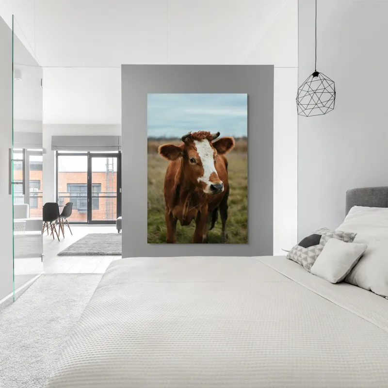 Tablou Canvas, "Vacă în pășune de toamnă", Vacă, Câmp, Cer, Blană, Coarne, Iarbă, 100 x 150 cm – poza 5