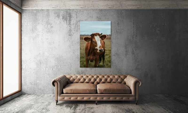 Tablou Canvas, "Vacă în pășune de toamnă", Vacă, Câmp, Cer, Blană, Coarne, Iarbă, 100 x 150 cm – poza 6