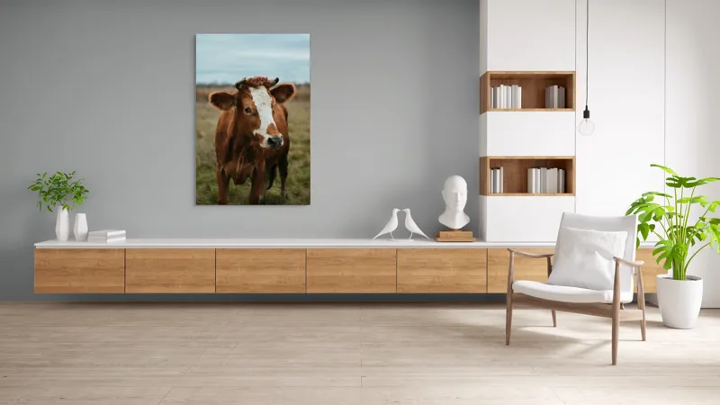 Tablou Canvas, "Vacă în pășune de toamnă", Vacă, Câmp, Cer, Blană, Coarne, Iarbă, 100 x 150 cm – poza 8